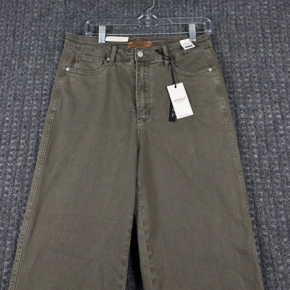 Judy Blue High Waist Garment Dyed Wide Leg Jeans Raw Hem 13/31 Olive Green Boho - Picture 2 of 12